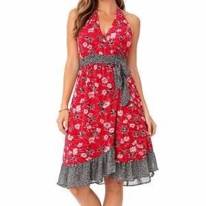 Women’s Size 6 Red Floral Halter Wrap Dress Empire Waist Ruffle Hem Lined